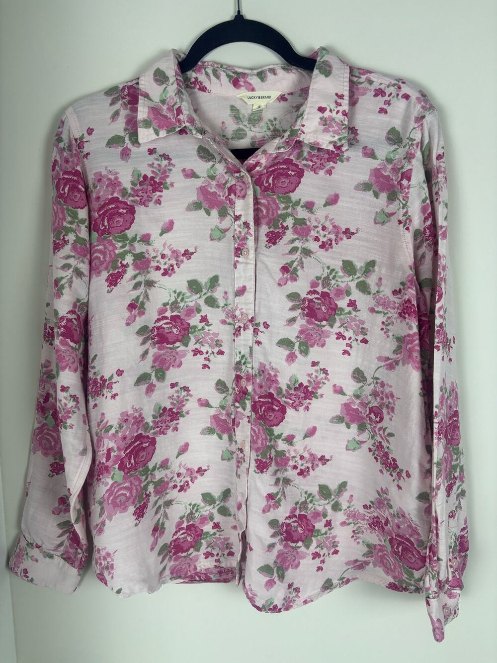 Lucky Brand Womens L Pink Floral Rose Button Down Shirt Cotton Viscose Blouse